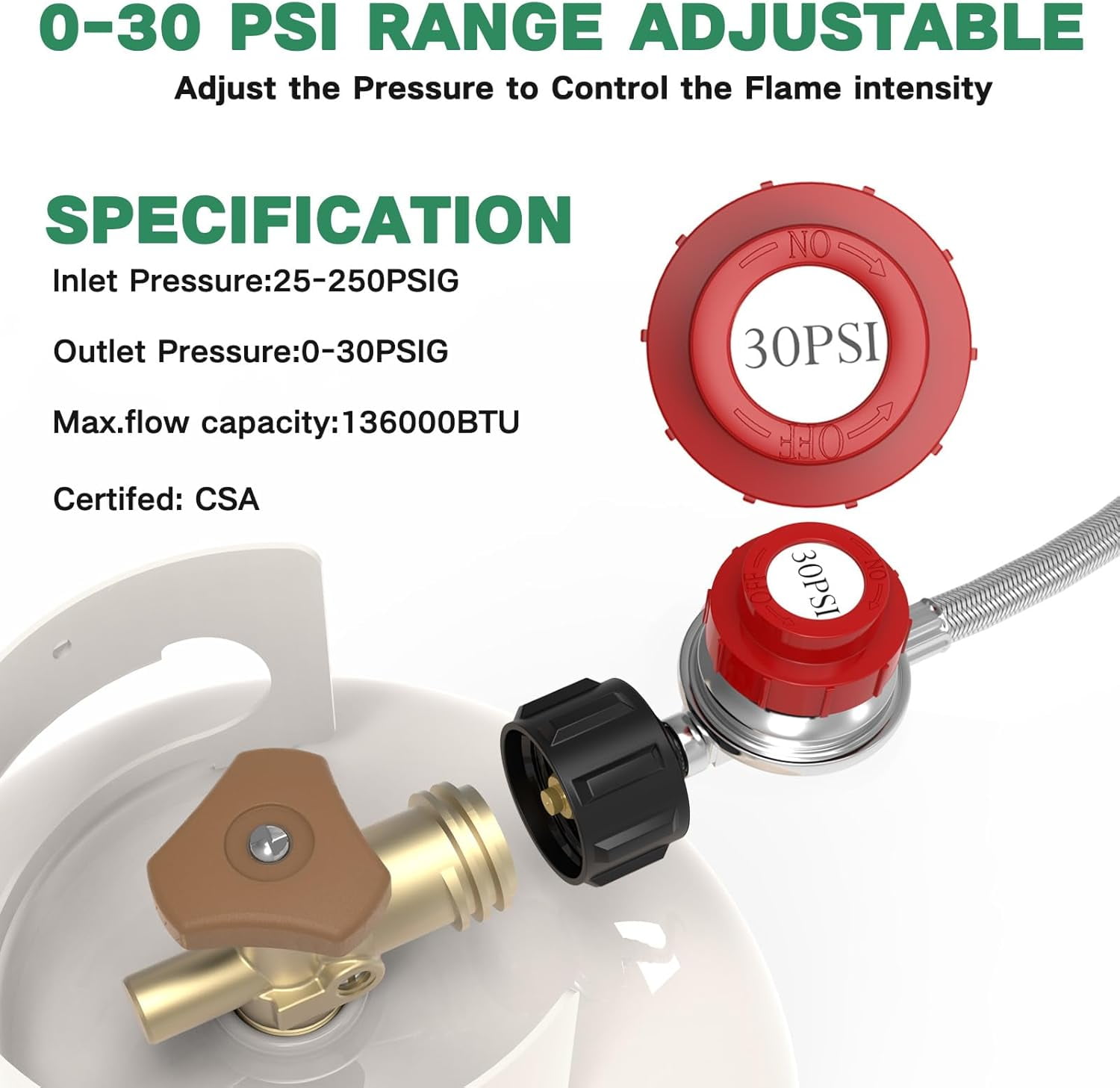 12 FT 0-30 PSI Adjustable High Pressure Propane Regulator, Stainless Propane QCC1 Hose with 3/8 Flare x 1/8 MNPT Fits for LP Gas Cooker, Burner, Turkey Fryer, Smoker