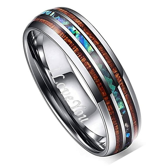 Vakki 6mm Hawaiian Koa Wood Tungsten Rings Dome Abalone Shell/Blue Center Wedding Bands Size 7 to 17