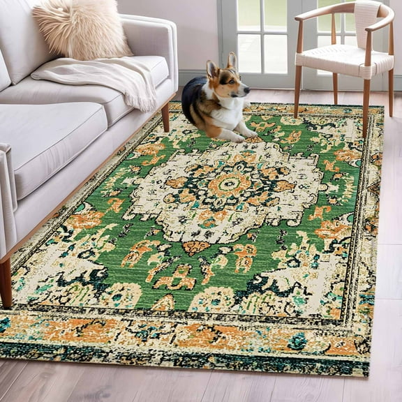 Green Boho Area Rug 3x5 Washable Rug Non Slip Farmhouse Tribal Vintage Tribal Texture Large Area Rug Indoor Floor Carpet for Entryway Bedroom Kitchen Living Room Home Office Dining Room Nursery