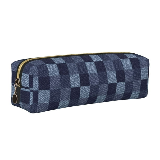 Easygdp Blue Gingham Buffalo Check para Estuche de Lápices de Cuero, Estuche de Papelería de Cuero, Estuche de Gran Capacidad con Cremallera