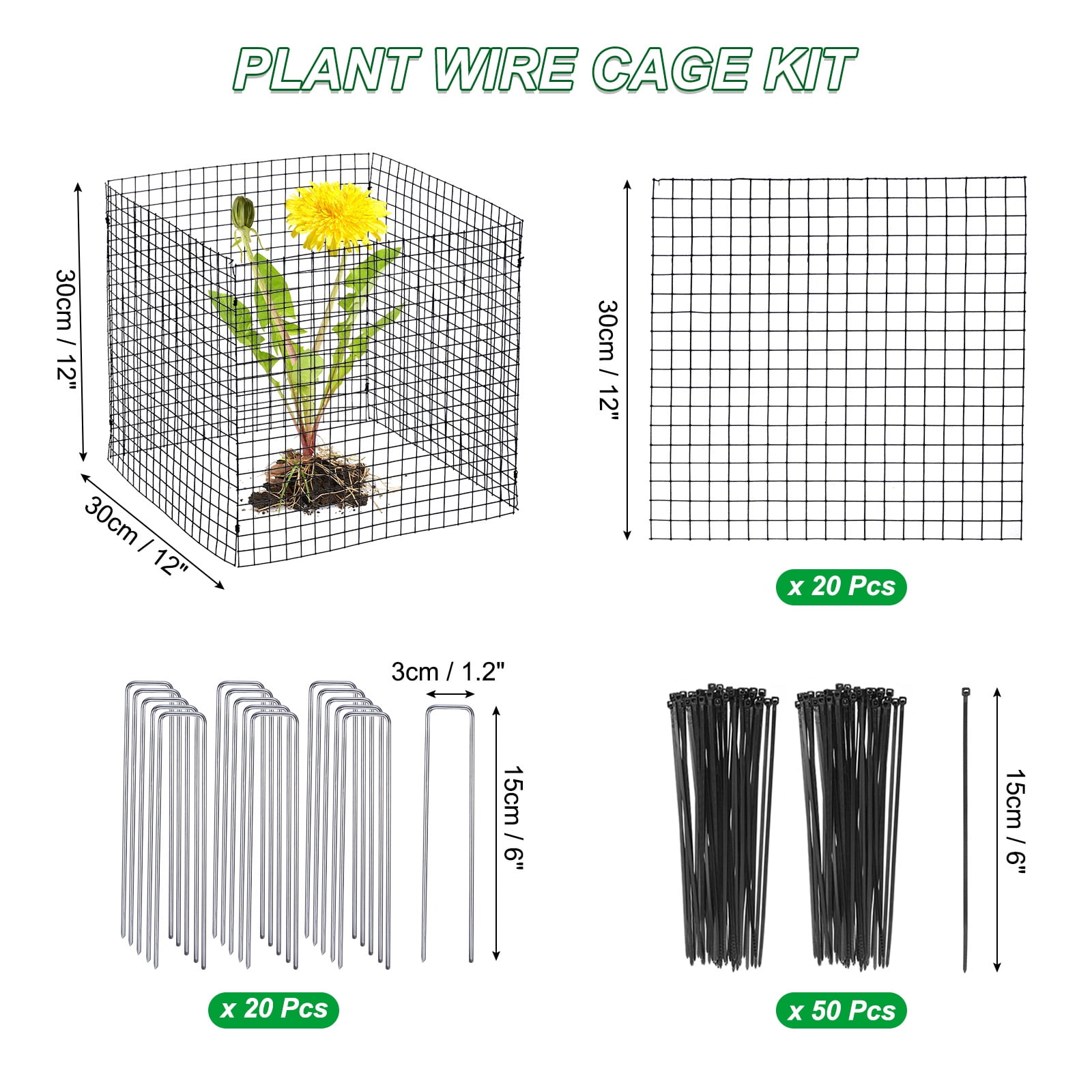 Uxcell 12x12 Inch Small Wire Plant Protectors 20 Sheet Square Wire Plant Cages Mesh with 20 Ground Stakes, 50 Ties
