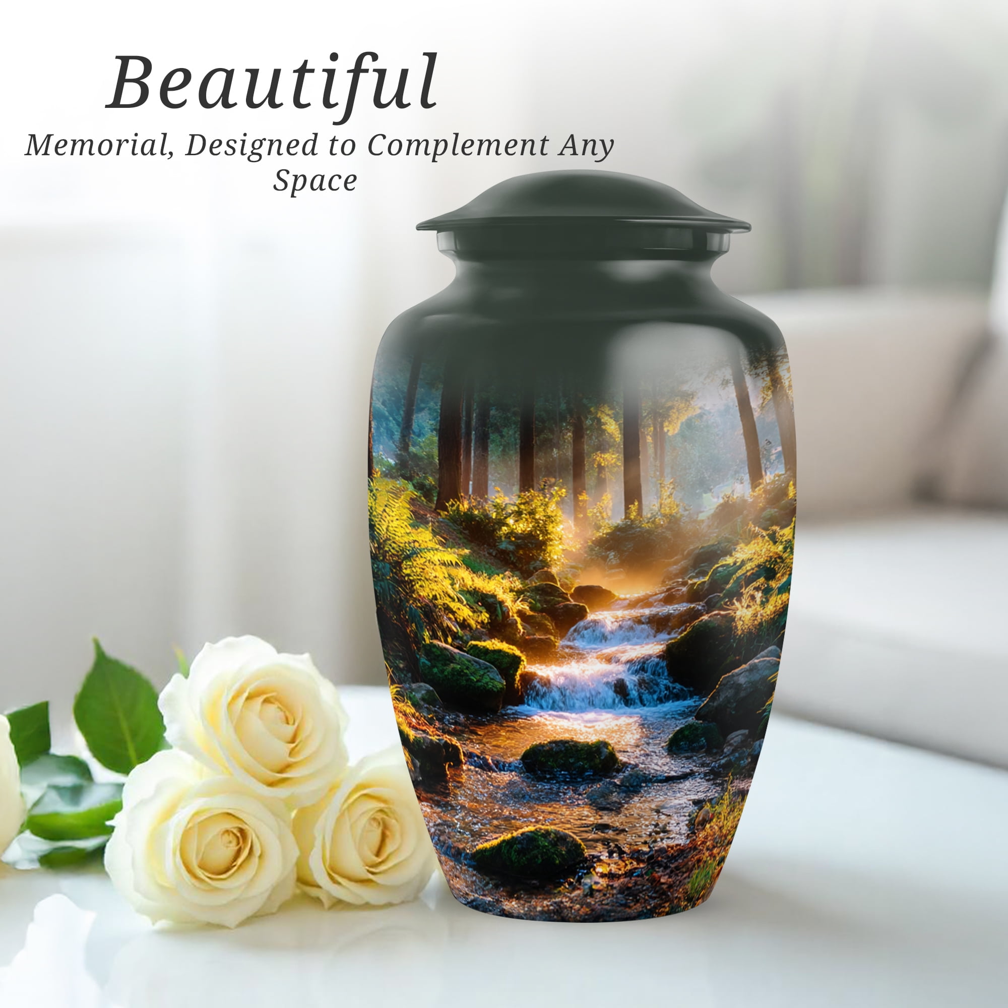Waterfall Decorative Urn For Ashes Adult Male Large, Cremation Urns For Human Ashes Adult Male Dad, Green Urns For Man And Woman, Funeral Urn For Mother And Father, 10 Inch