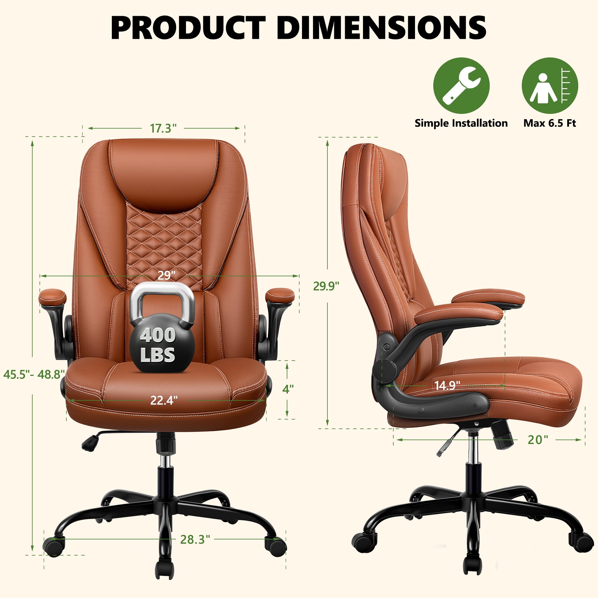 COOLHUT Big and Tall Office Chair, Executive Home Office Desk Chairs, Ergonomic Computer Faux Leather Desk Chair with Adjustable Flip-Up Arms, Lumbar Support Swivel Task Chair, Brown