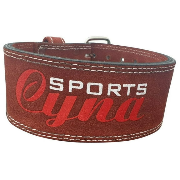 CynaSports Power Weight Lifting Genuine Leather Belt 4" Heavy Duty- 2 Prongs-10 mm Thick-Adjustable Back Support-Weight Lifting red (Large)
