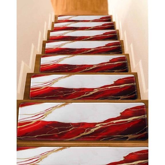 Red Marble Non-Slip Stair Treads for Wooden Steps, 15 Pack-8x30in Carpet Stair Mats with Adhesive Backing, Noise-Reducing Step Covers for Indoor Stairs, Easy to Install & Residue-Free