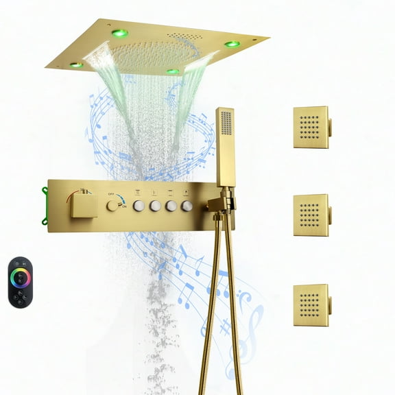 Brushed Gold Ceiling Waterfall Rain Shower System With 16 Inch Luxury Music LED Shower Head For Bathroom , Can Use All Faucets At Same Time