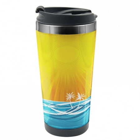 

Summer Travel Mug Wavy Ocean Palm Trees Lines Steel Thermal Cup 16 oz by Ambesonne