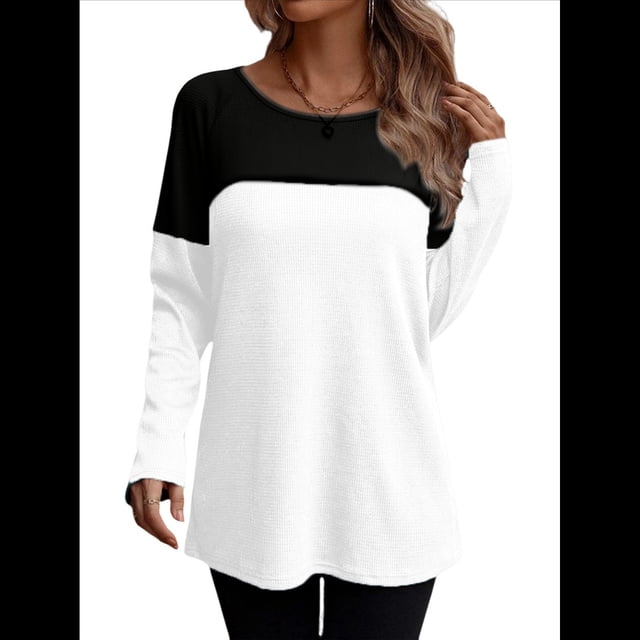 Camisetas de Punto Gofre para Mujer, Camisetas de Larga con Bloques de Color y Detalle de Botones, Túnicas y Negro XL