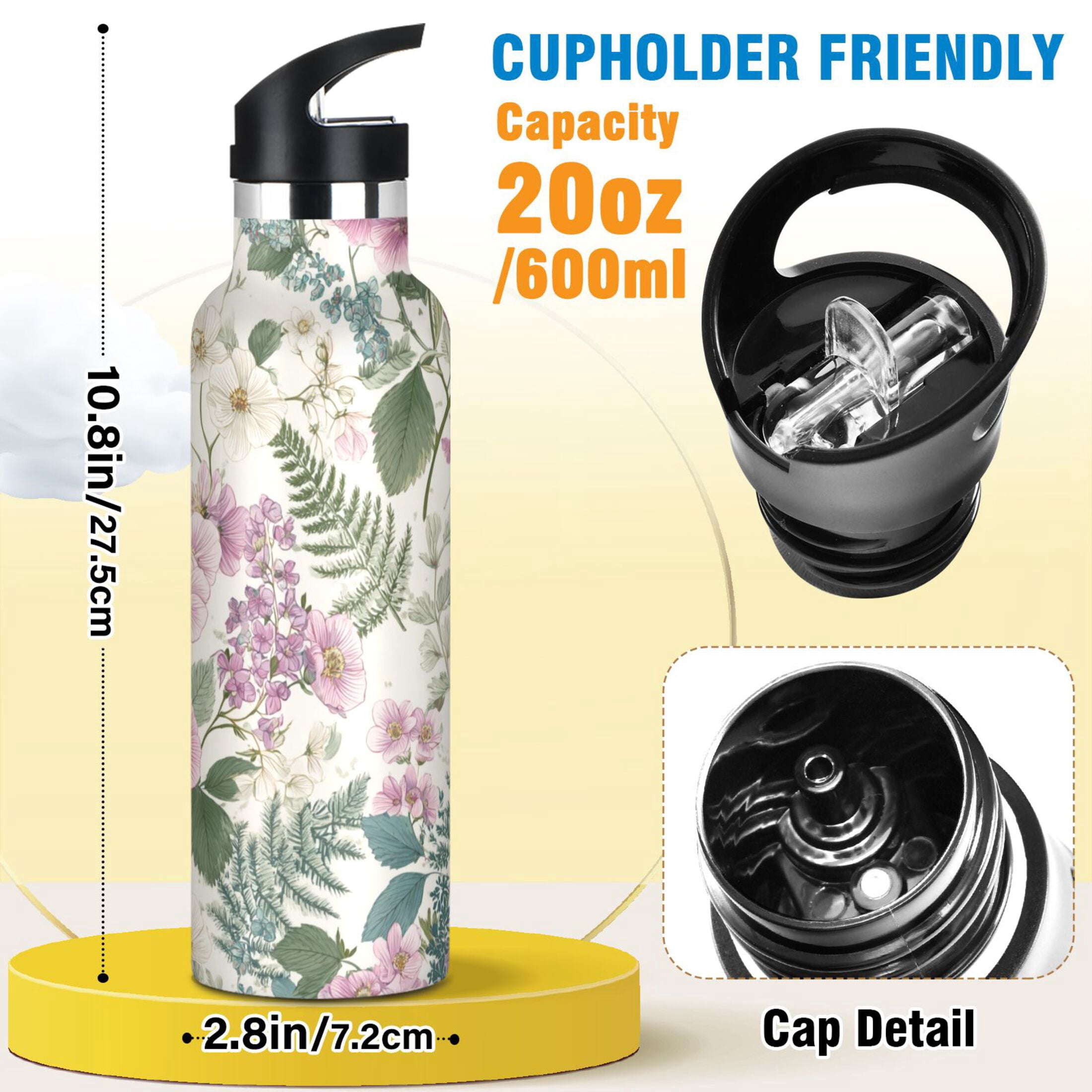 Kids Insulated Stainless Steel Sports Water Bottle 600ml Retro Pink Flowers Pattern