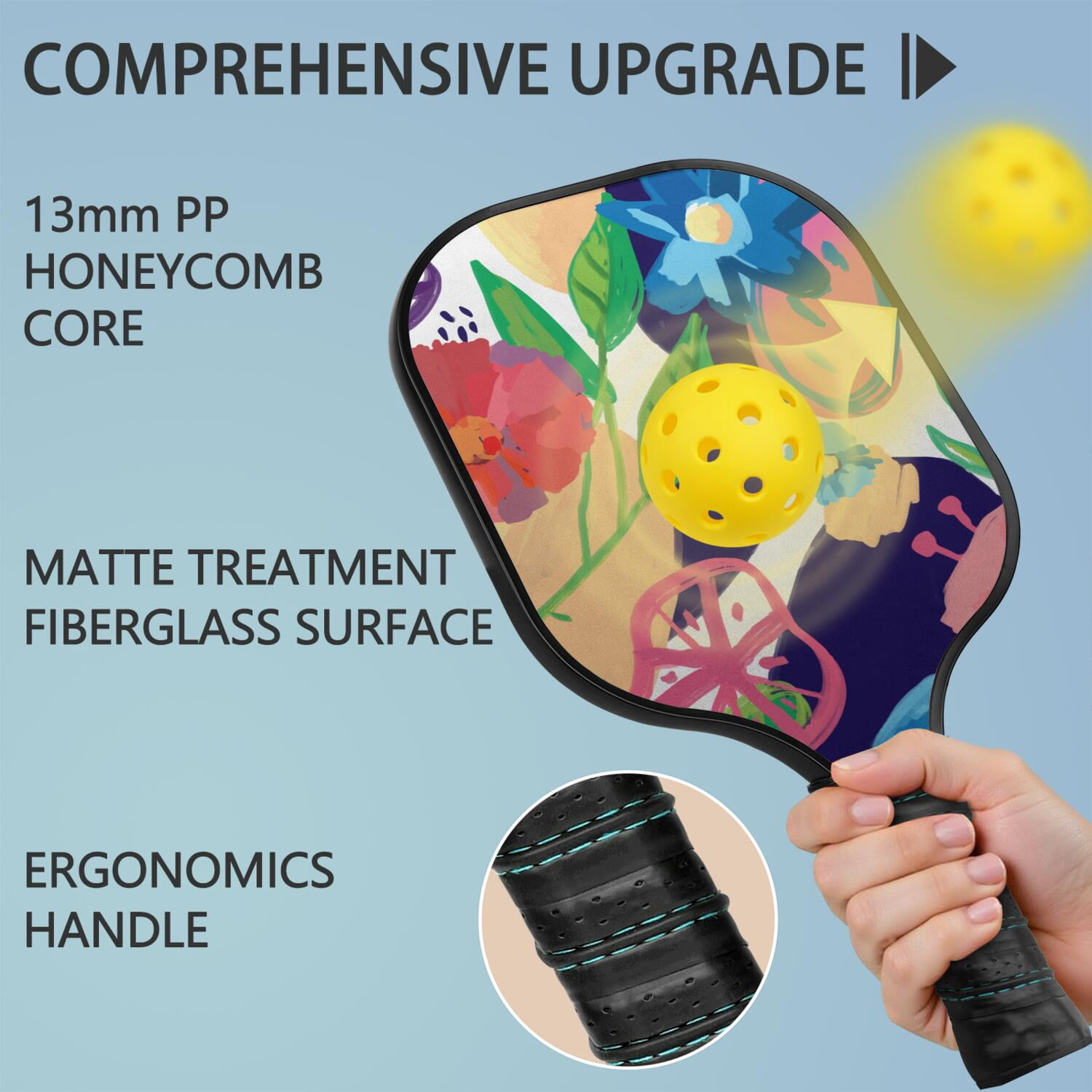 Pickleball Paddles Set Of 2, Fiberglass Surface, Tropical Jungle Print, 4 Balls & Bag