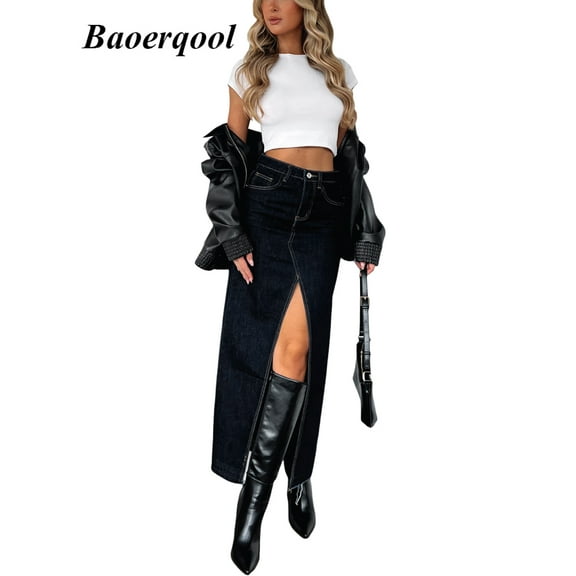 Women Denim Maxi Skirt Casual High Waisted Solid Split Long Jean Skirt Fashion Retro Streetwear