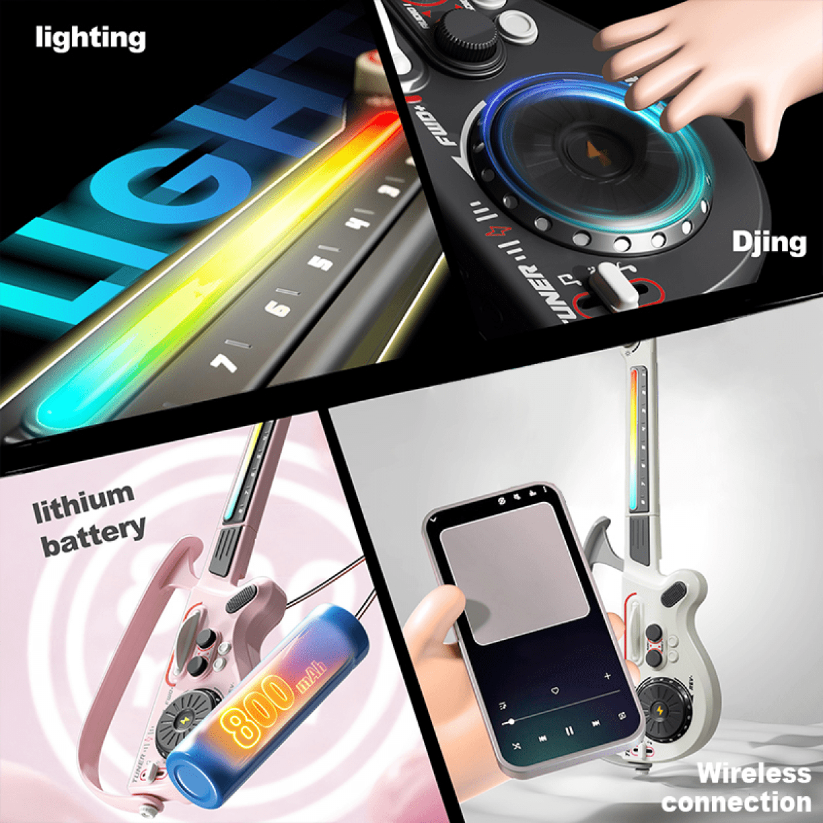 Kids Electric Guitar Playset, Kids Musical Instruments Set with DJ Turntable, Wireless Connect & Lights for Boys Girls Birthday Christmas Gifts(Light red)