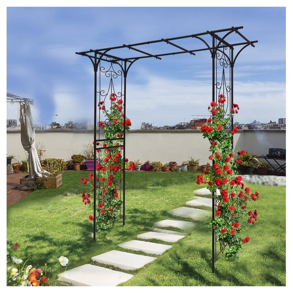 Metal Garden Arch 80.3'' Rose Trellis, Outdoor Climbing Plant Support Archway for Vines, Flowers, Black Black   Iron