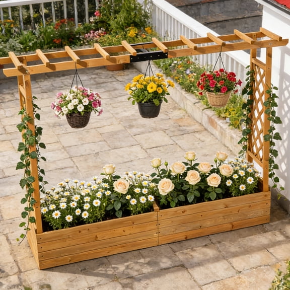 Zimtown Teak Raised Garden Bed with Trellis & Hanging Roof, Vertical Planter Box with Drainage Holes