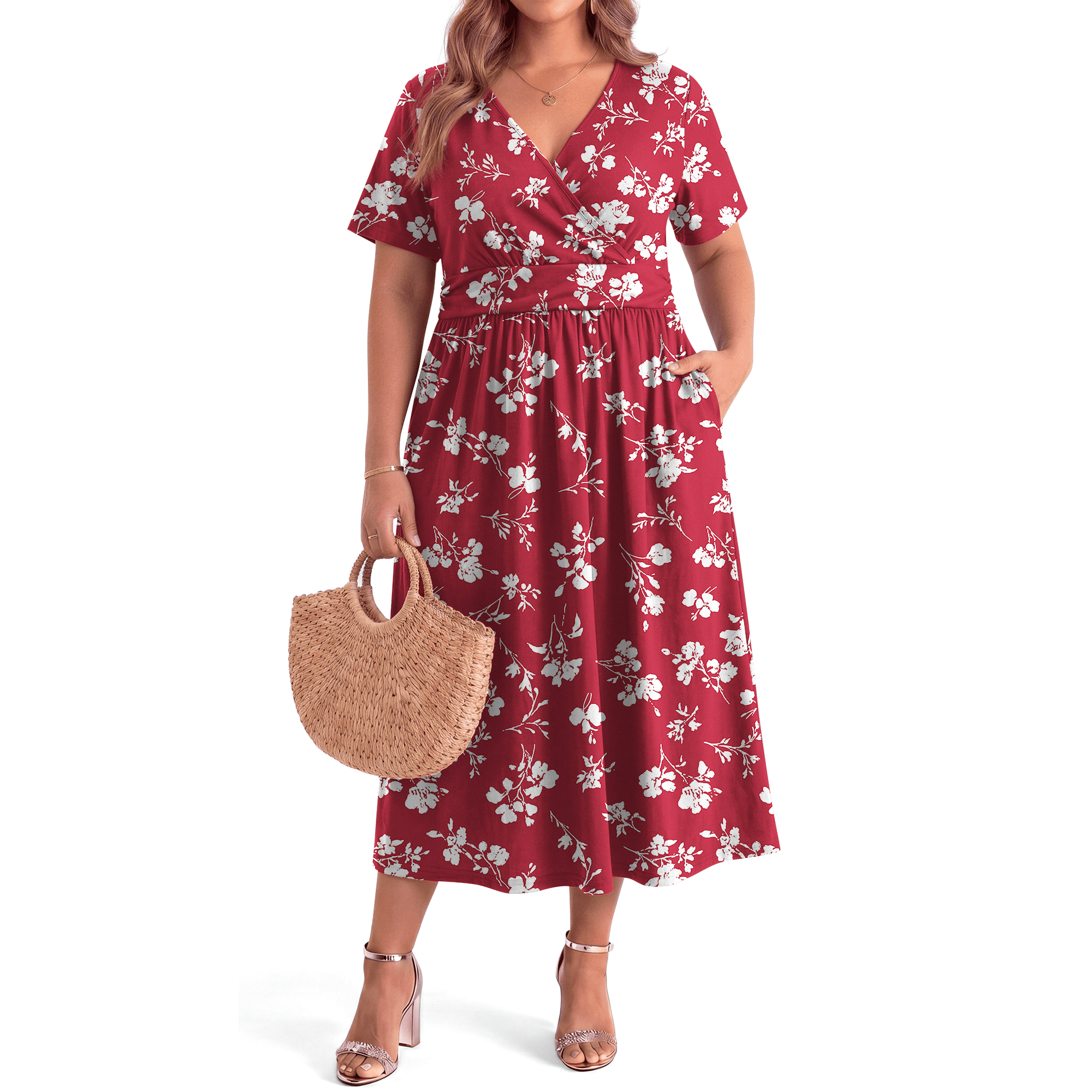 WellSize Plus Size Maxi Dresses for Women Casual V Neck Short Sleeve Floral Dress Summer Flowy Sundresses with Pockets