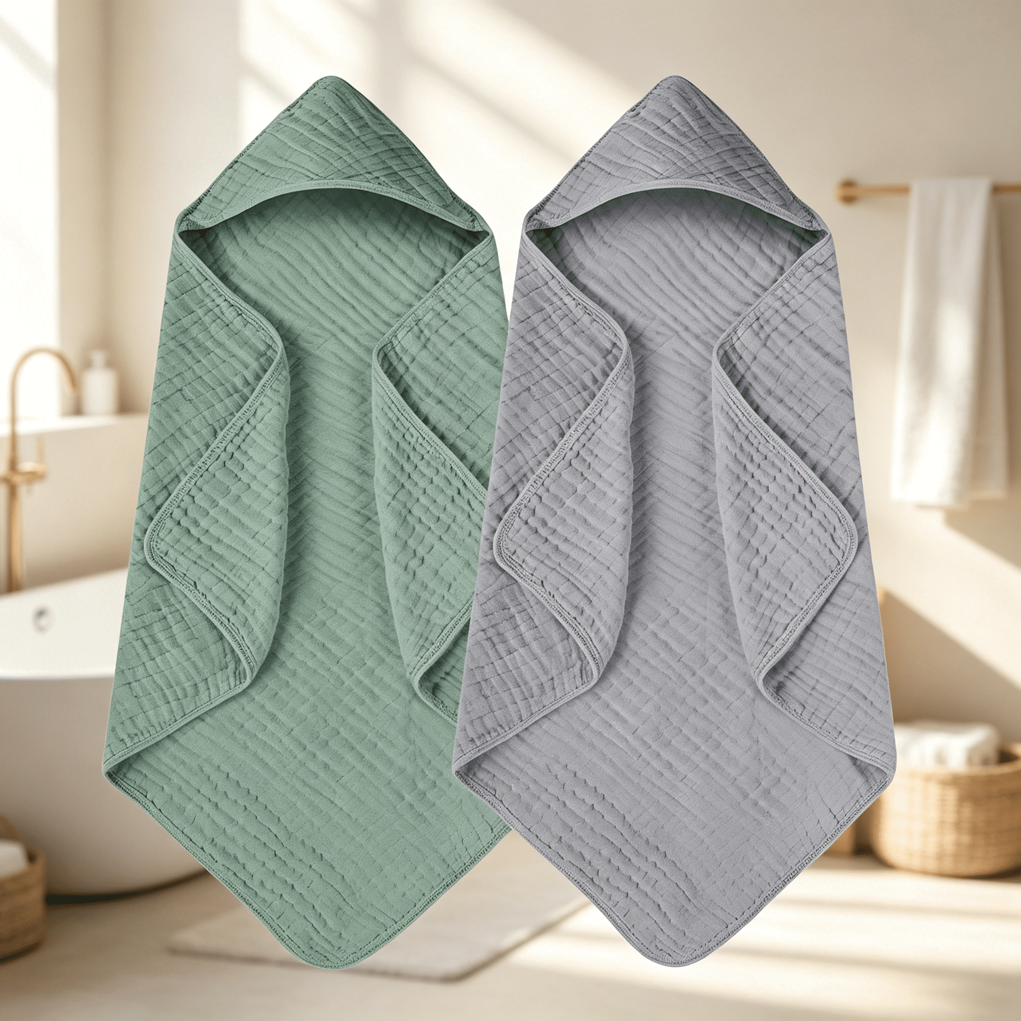 AUQ 2026 New 2 Packs Hooded Baby Bath Towel,Soft&Absorbent Muslin Cotton Baby Towels with Hood for Babies,Toddler&Kids,Green+Grey,31 X 31" for Baby,Bath,Toddler,Kids,Swimming
