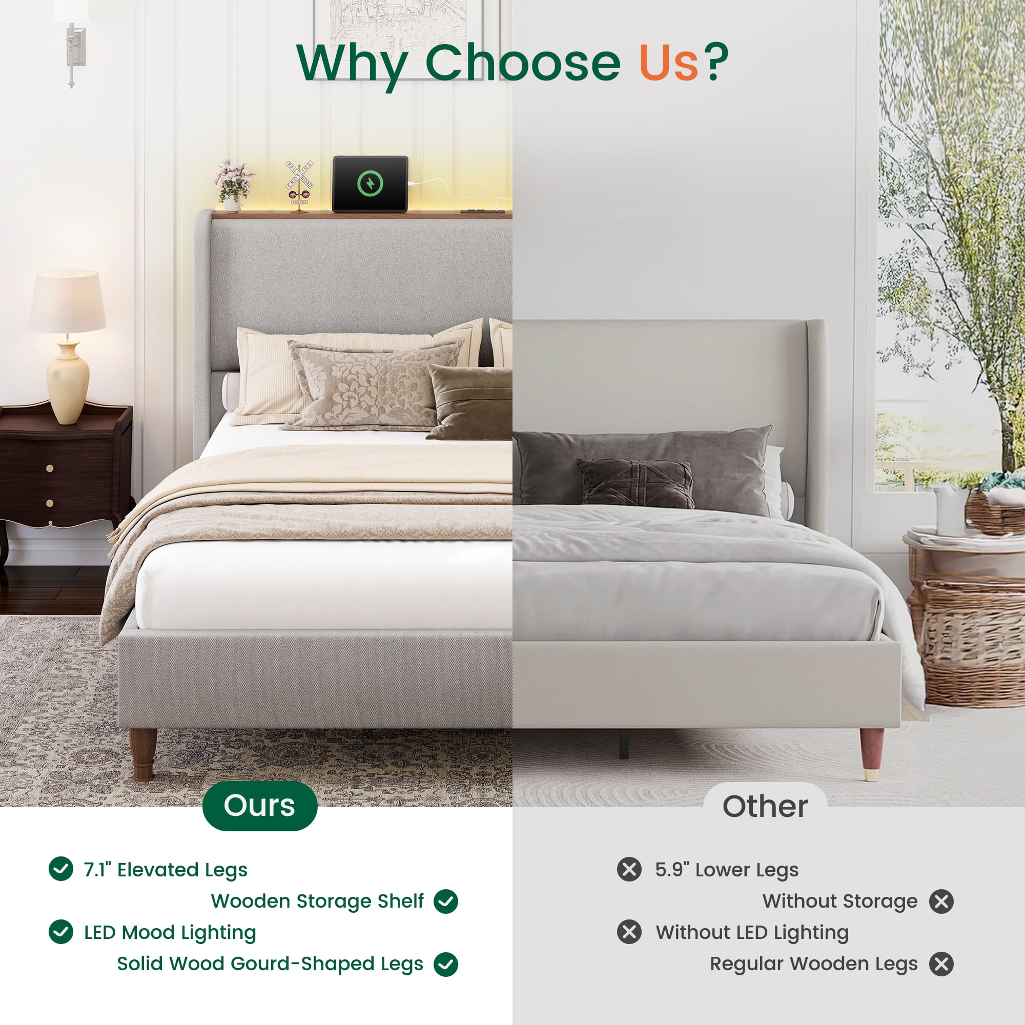 Breltam Upholstered Platform Bed with Wingback Headboard, Queen Size Bed with LED Lights and Charging Station, Light Gray