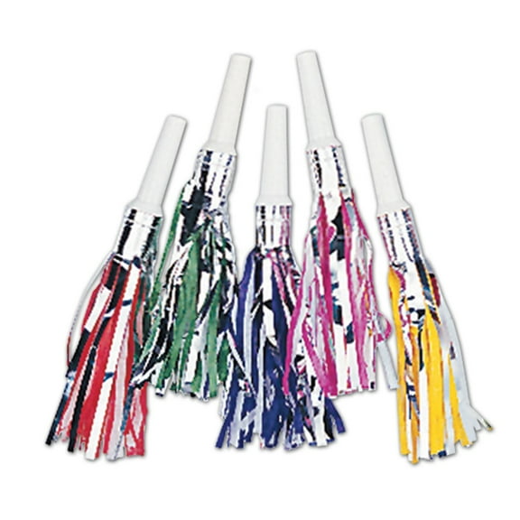 Beistle Club Pack of 100 Metallic Multicolor Fringed Trumpet Noisemaker Party Favors