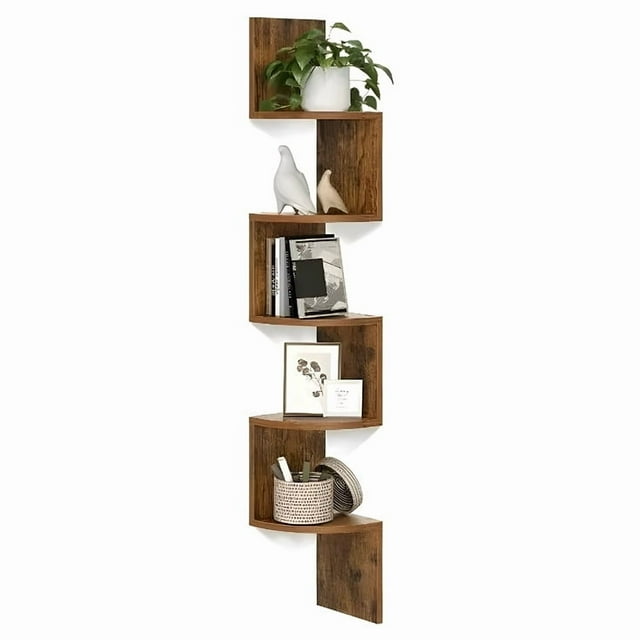 5-Tier Floating Corner Bookshelf, Wall Mount Corner Shelf Storage Plant Display Shelves for Home Office, Bedroom, Living Room and Bathroom, Rustic Brown