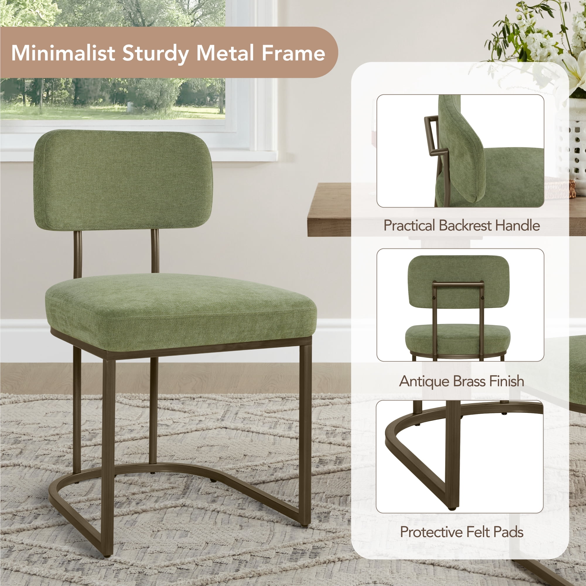 Spruce & Spring Modern Low-Back Metal Dining Chair with Upholstered Seat Set of 3, Green&Brass Frame
