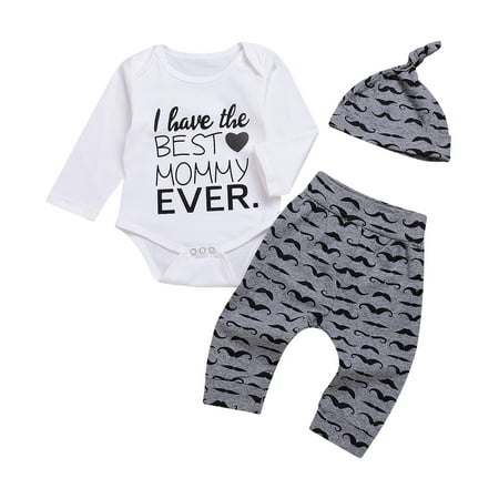 

KIMI BEAR Newborn Baby Boys Outfits 3 Months Newborn Boy Autumn Winter Outfits 6 Months Newborn Boy Casual Letter Print Long Sleeve Romper + Mustache Print Pants + Hat 3PCs Set White