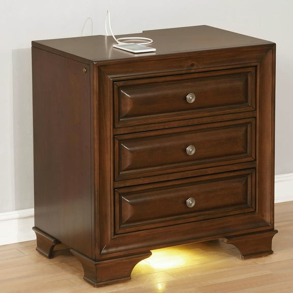 Brown Cherry Nightstand For Bedroom - 3 Felt-lined Drawers & Outlet Solid Wood Under