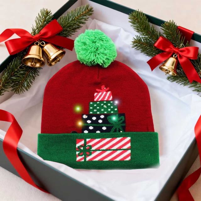 Gorro navideño LED con luces | Gorro de invierno de punto con protección para las orejas | Gorro cálido de mezcla de lana para celebraciones navideñas