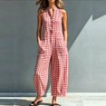 thumbnail image 2 of SONXAHE Gingham Plaid Sleeveless Jumpsuit For Women Stand Collar Wide Leg Casual Bottoms, 2 of 4
