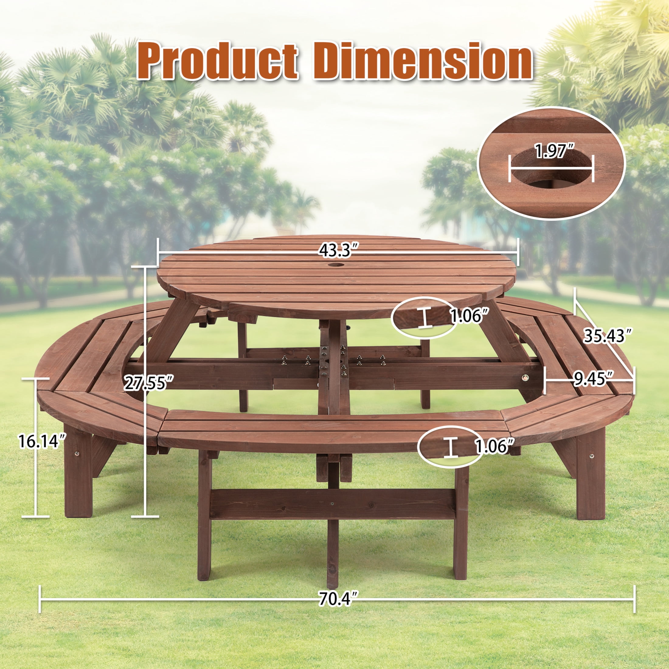Noble House Lavinia Round Outdoor Fir Wood Picnic Table with Connected Ring Stool, for Patio, Backyard, Garden, Brown