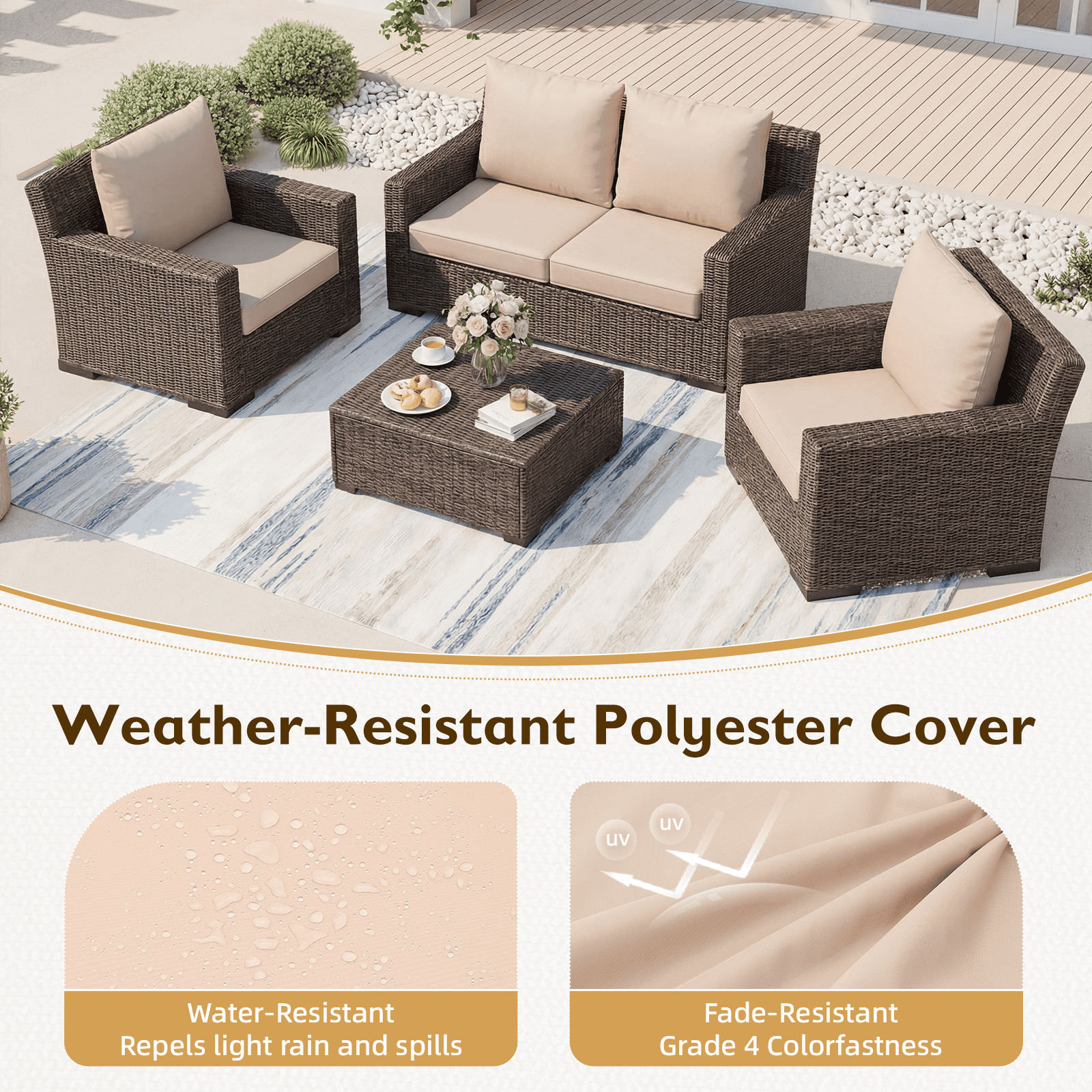 HOMREST Outdoor Chair Cushions Set of 4, 24x24 Inch Waterproof Patio Furniture Cushions with Removable Covers & Ties, Reversible Seat Cushions and Back Cushions for Garden Deck Furniture, Khaki