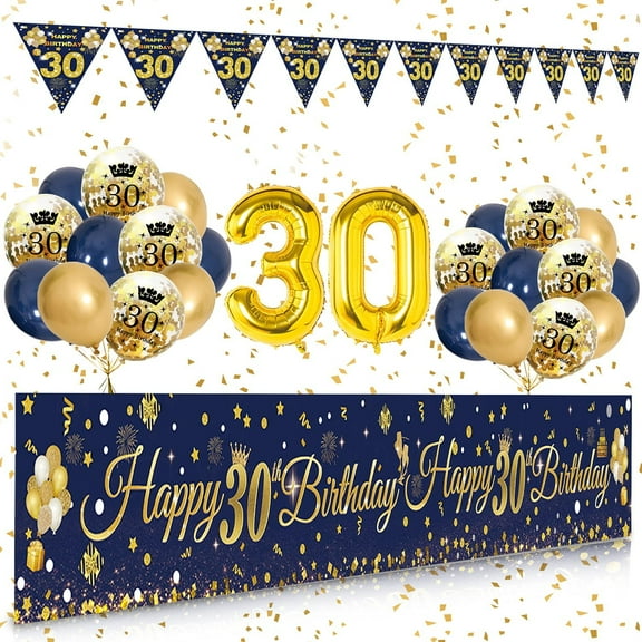 YANSION Men 30th Birthday Decorations, Navy Blue Gold Happy 30th Birthday Yard Banner, 30th Happy Birthday Balloons for Husband Brother Boyfriend 30th Anniversary Birthday Party Supplies
