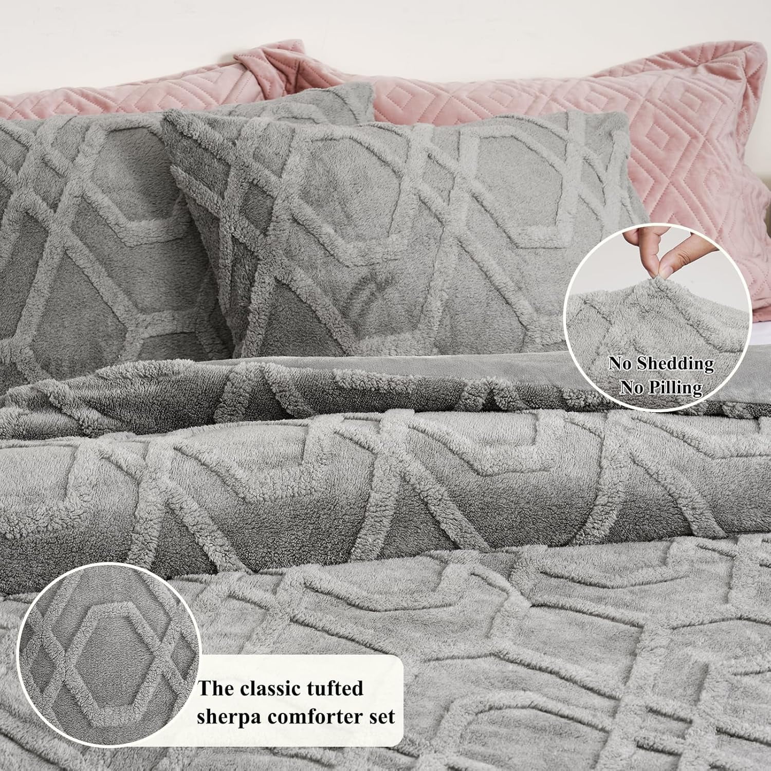 PHF Warm Sherpa Fleece King Comforter Set, 3D Tufted Fluffy Grey Bedding for Winter, Soft 2 Pieces Shaggy Bed Set, 1 Comforter (104"x90") and 2 Pillowcases (20"x36")