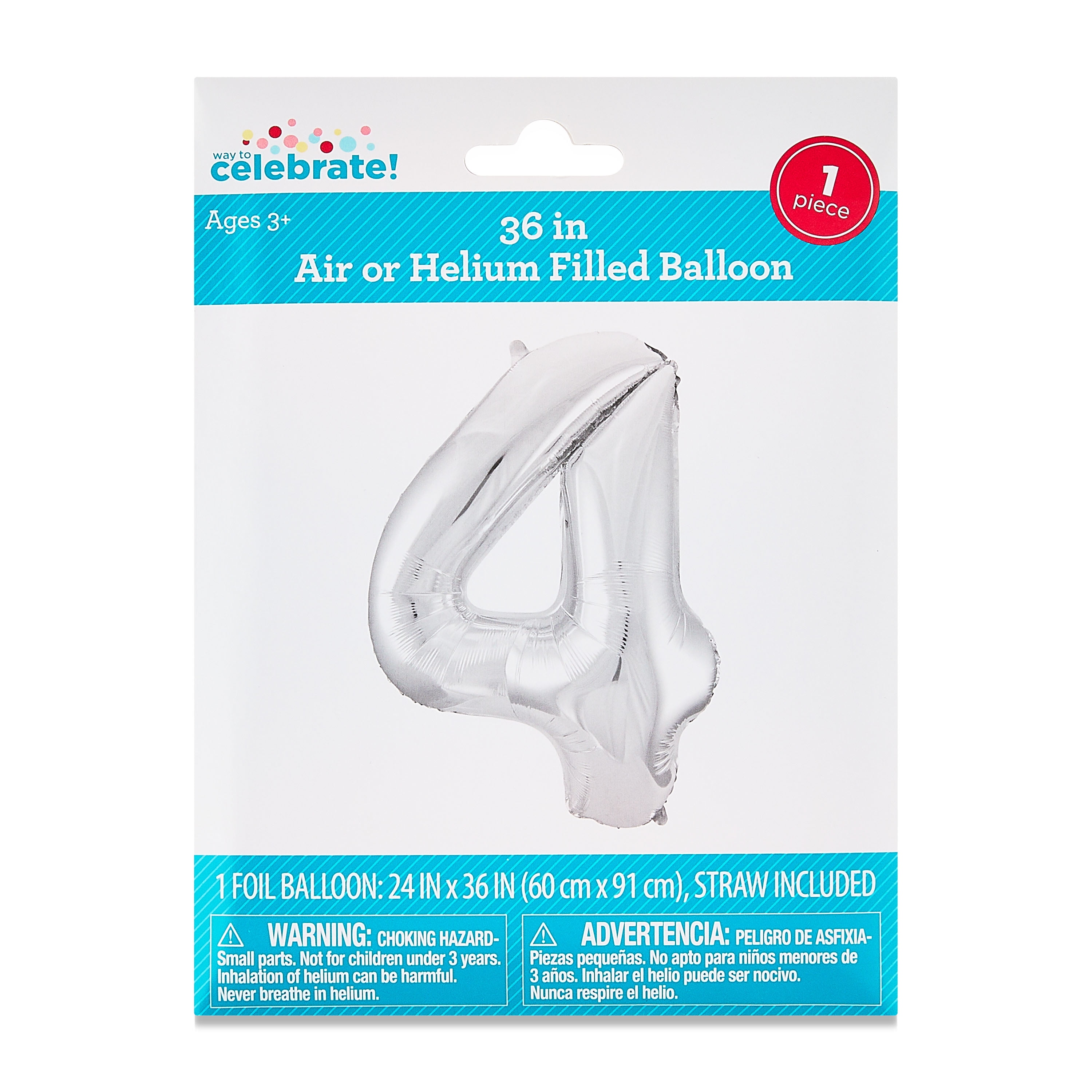 36" Silver Number 4 Foil Balloon, by Way To Celebrate