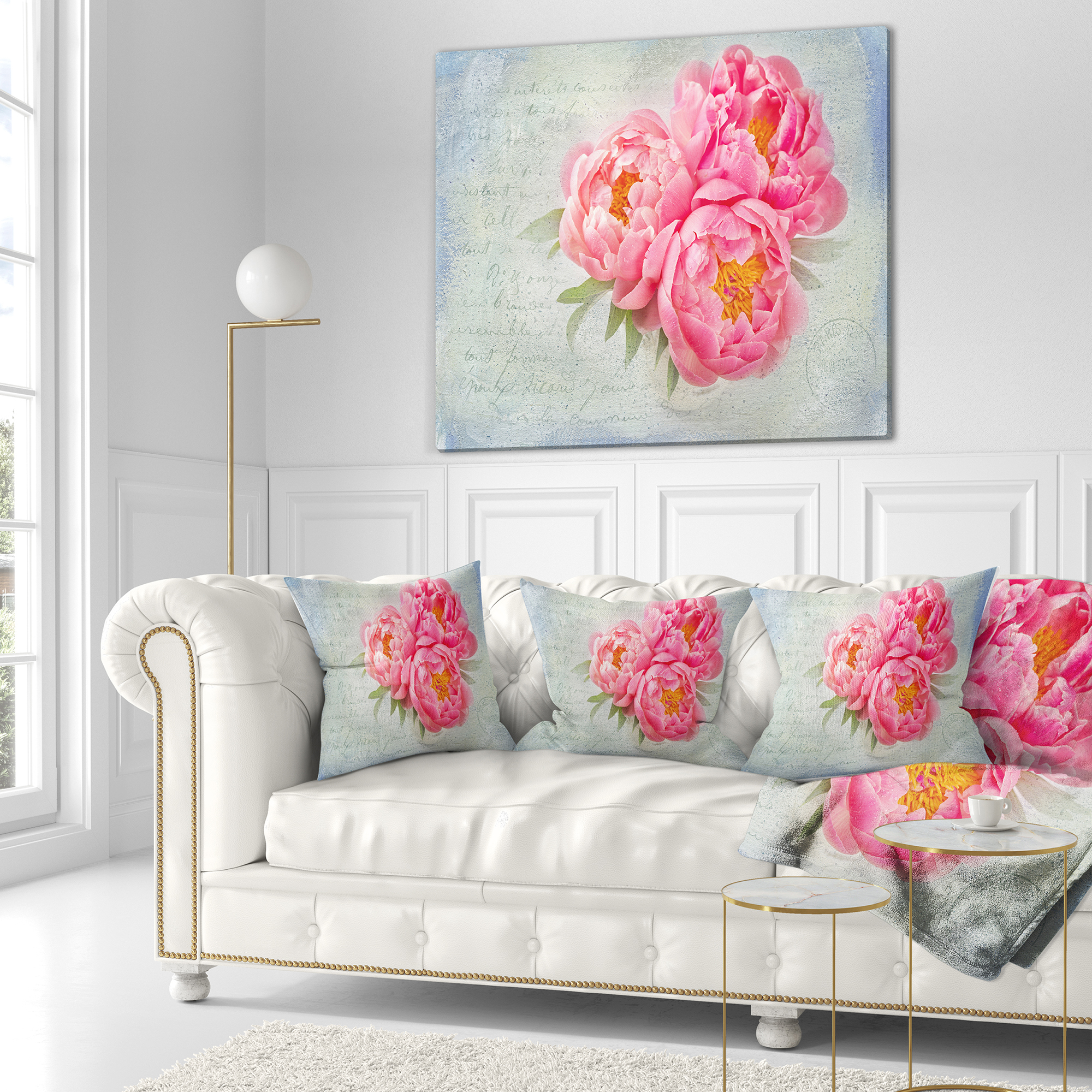 Designart Pink Peony Flowers in White Vase - Floral Throw Pillow - 18x18