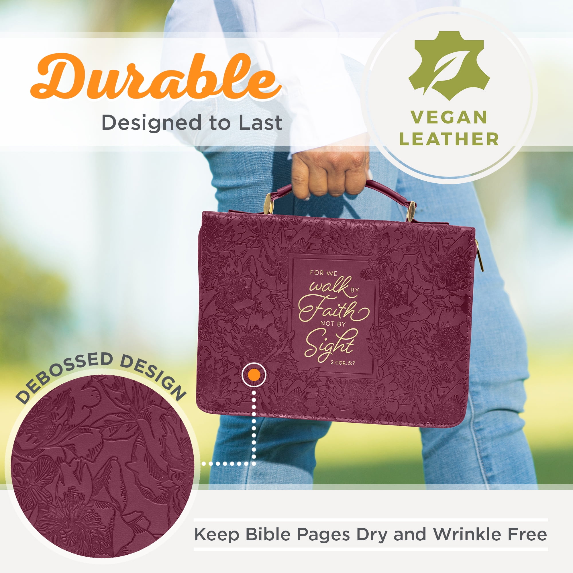 Christian Art Gifts Protective Maroon Floral Faux Leather Bible Cover Carry Case with Handle for Women: Walk by Faith - 2 Corinthians 5:7 Inspirational Bible Verse Zippered with Pocket, Large