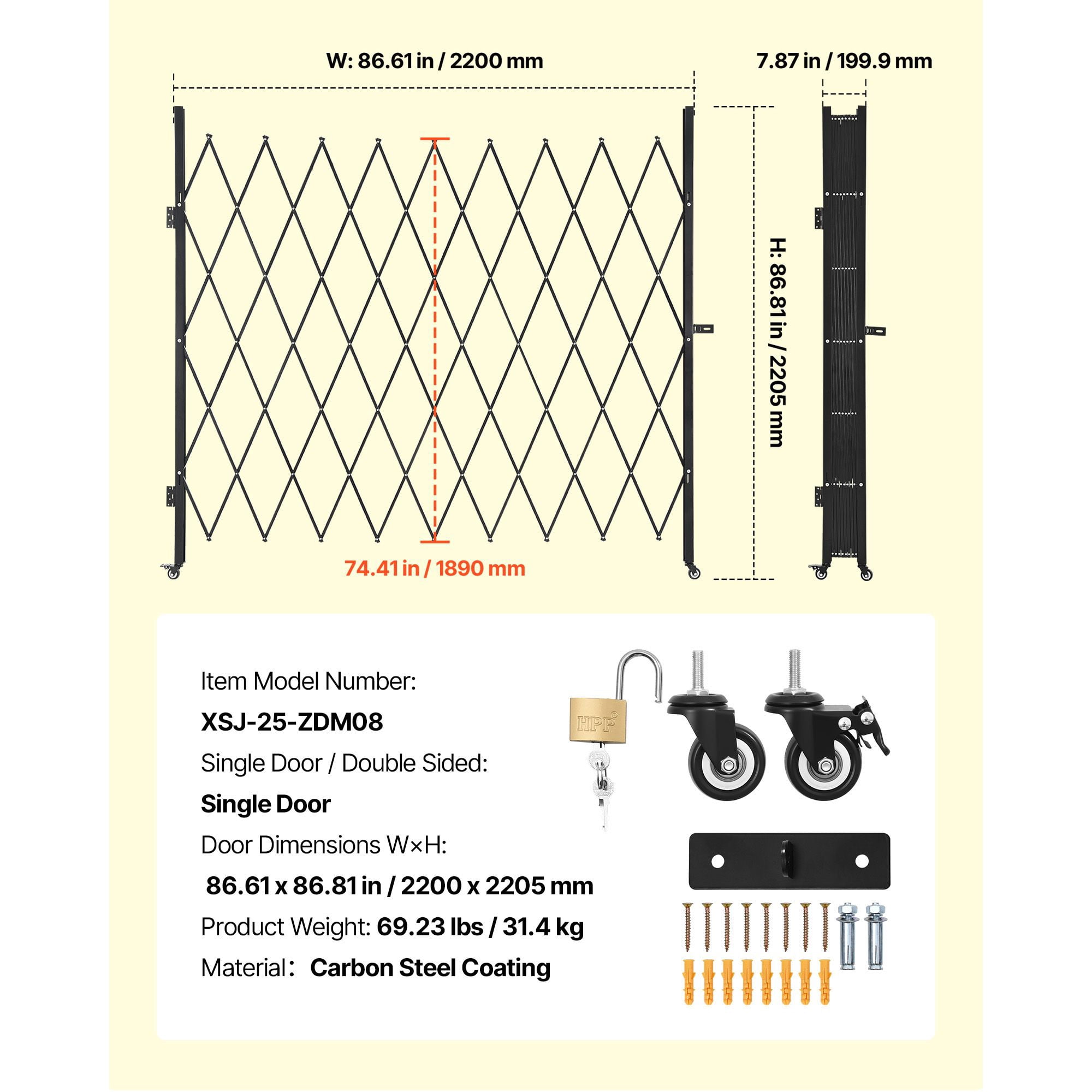 86.61"x86.81" Folding Lockable Scissor Gate, 360° Swivel Casters, Steel Retractable Barricade for Garage Warehouse Pool
