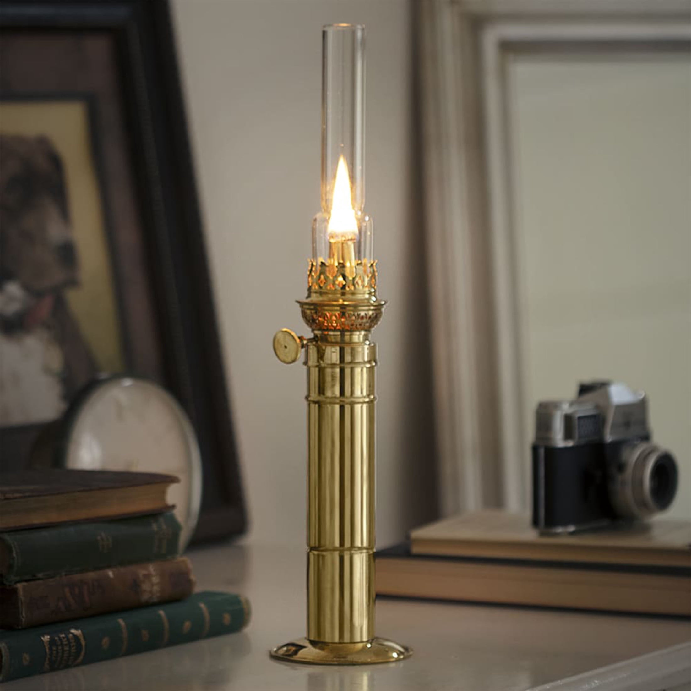 Kings County Tools 16” Tall Column Brass Oil Lamp for Indoor or Outdoor Use