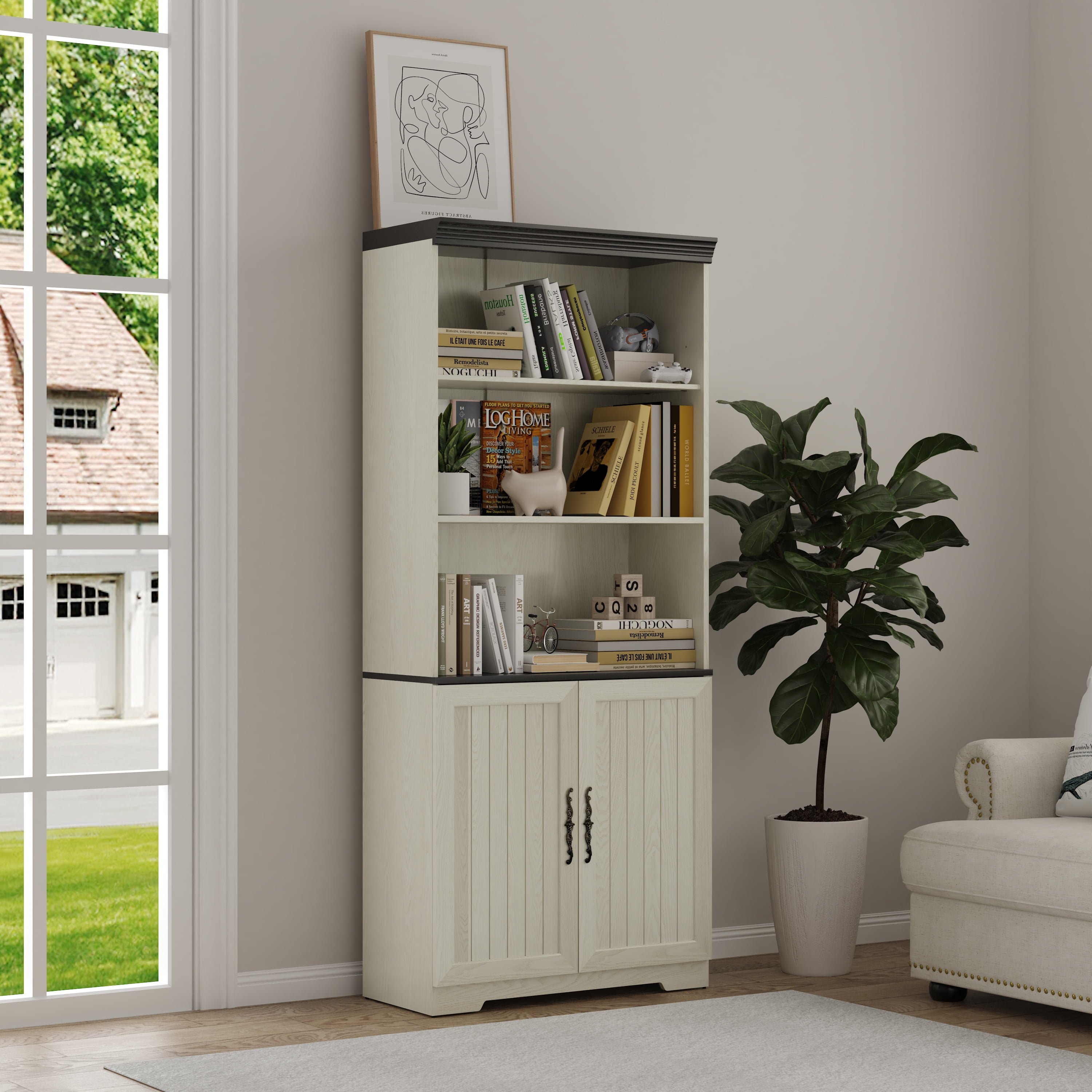 Leumius Tall Storage Cabinet,5 Tier Cube Display Cabinet with Adjustable Shelves and Barn Doors,Wood Freestanding Display Bookshelves for Bedroom,Living Room, Kitchen, Pantry, Bar Cabinet,White