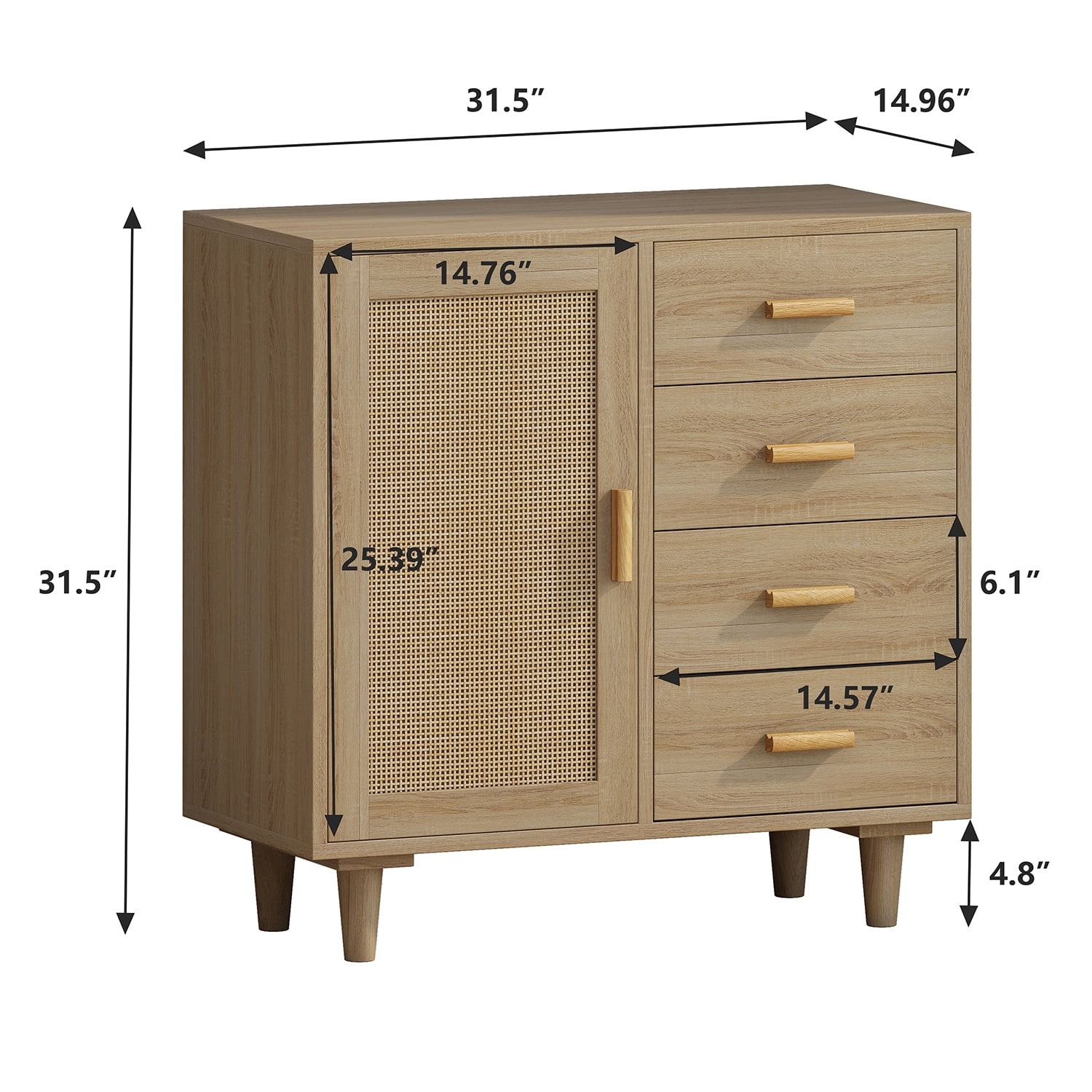 Kadyn 4 Drawers Rattan Cabinet, Modern Dresser with Rattan Door, Accent Storage Cabinet for Living Room, Natural