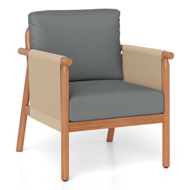 Costway Patio Acacia Wood Chair with Woven Rope Armrests & Seat Back Cushions for Backyard Natural + Gray