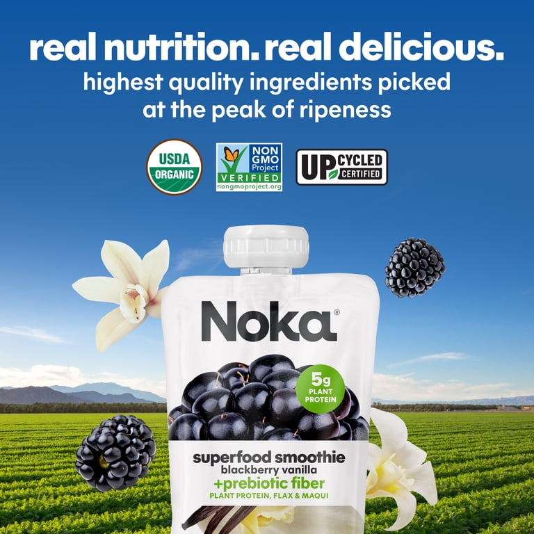 Noka Organic Superfood Smoothie Pouches, Plant Protein, Blackberry
