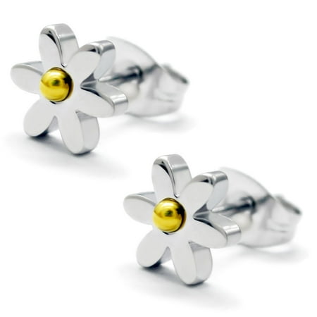 - Stainless Steel Daisy Flower Two-Tone Floral Stud Post Earrings