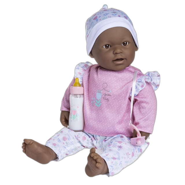 JC Toys La Baby African American 20-inch Small Soft Body Baby Doll La Baby | Washable |Removable Pink Floral w/Hat, Pacifier & Magic Bottle | for Children 12 Months +