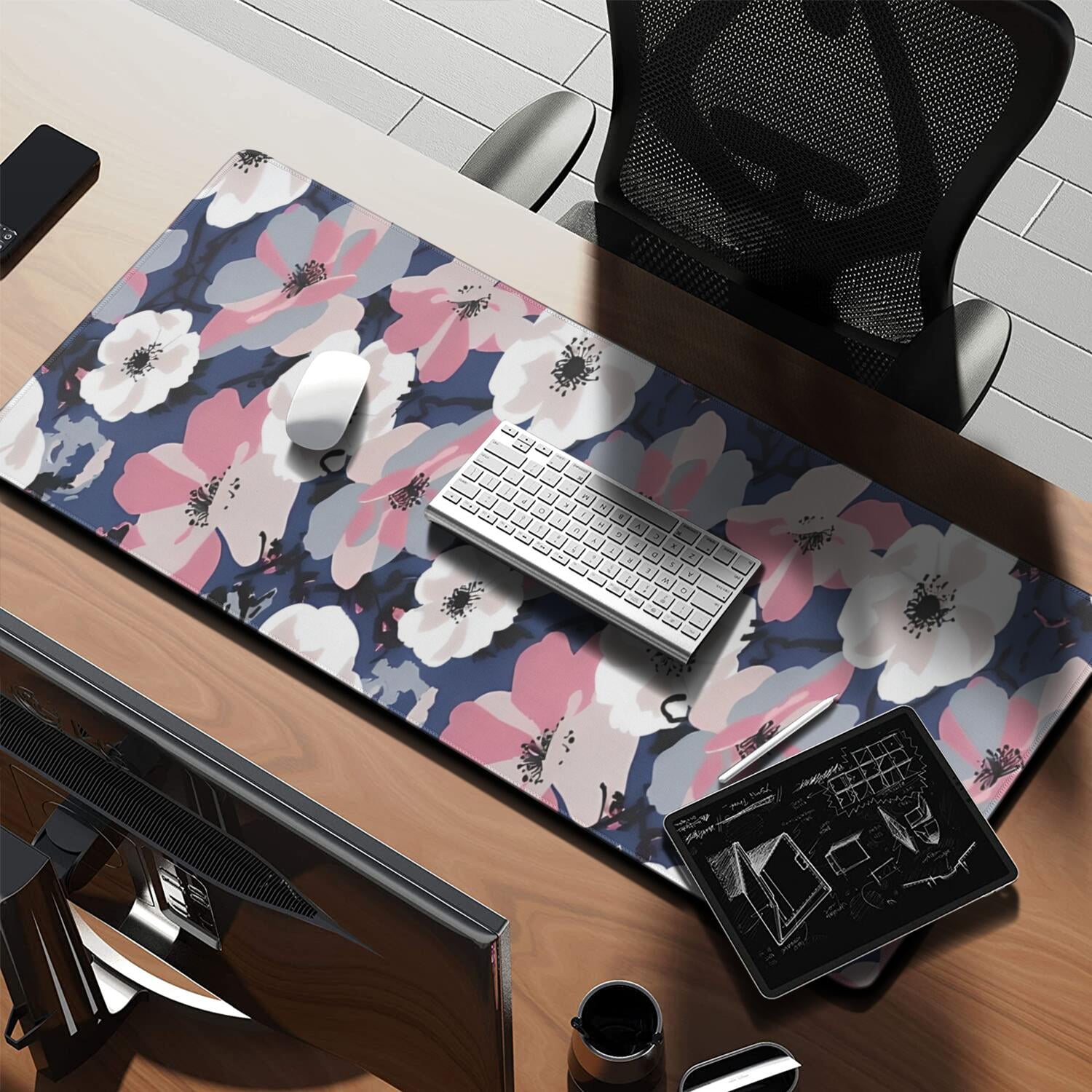Long Mouse Pads for Desk,Pioneer Flower Floral Print Pattern Desk Mats on Top Of Desks, Desk Mouse Pad Extra Large with 3mm Non-Slip Base and Stitched Edge for Gaming,Office,Work,Home 35.4"x15.7"
