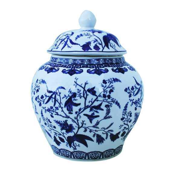 Blue and White Porcelain Decorative Temple Helmet Jar . Birds with leaves
