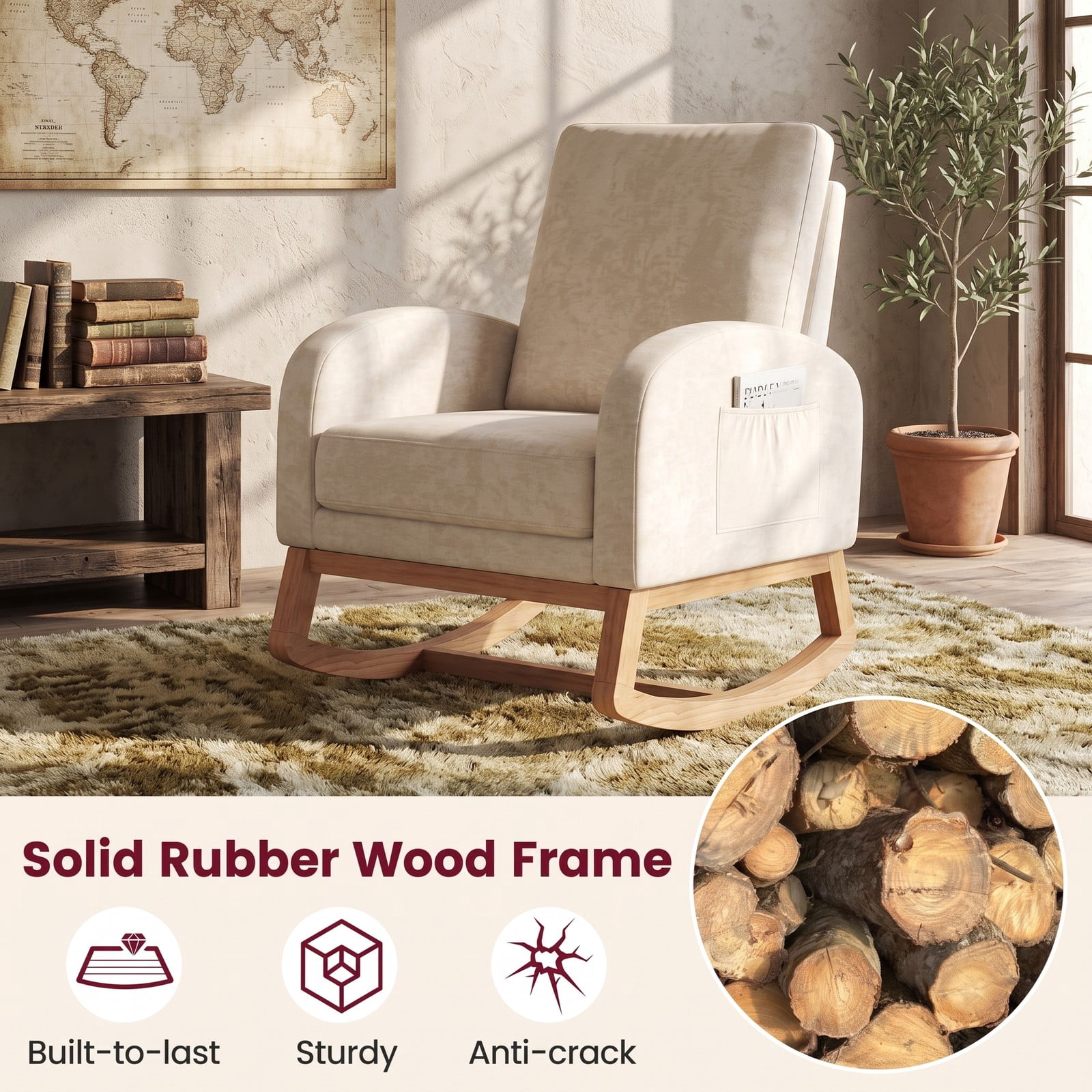 Furnibear Nursery Rocking Chair, Upholstered Chenille Rocker Armchair with Rubber Wood Frame, Ergonomic Glider Chair with Side Pocket for Living Room Bedroom, Beige