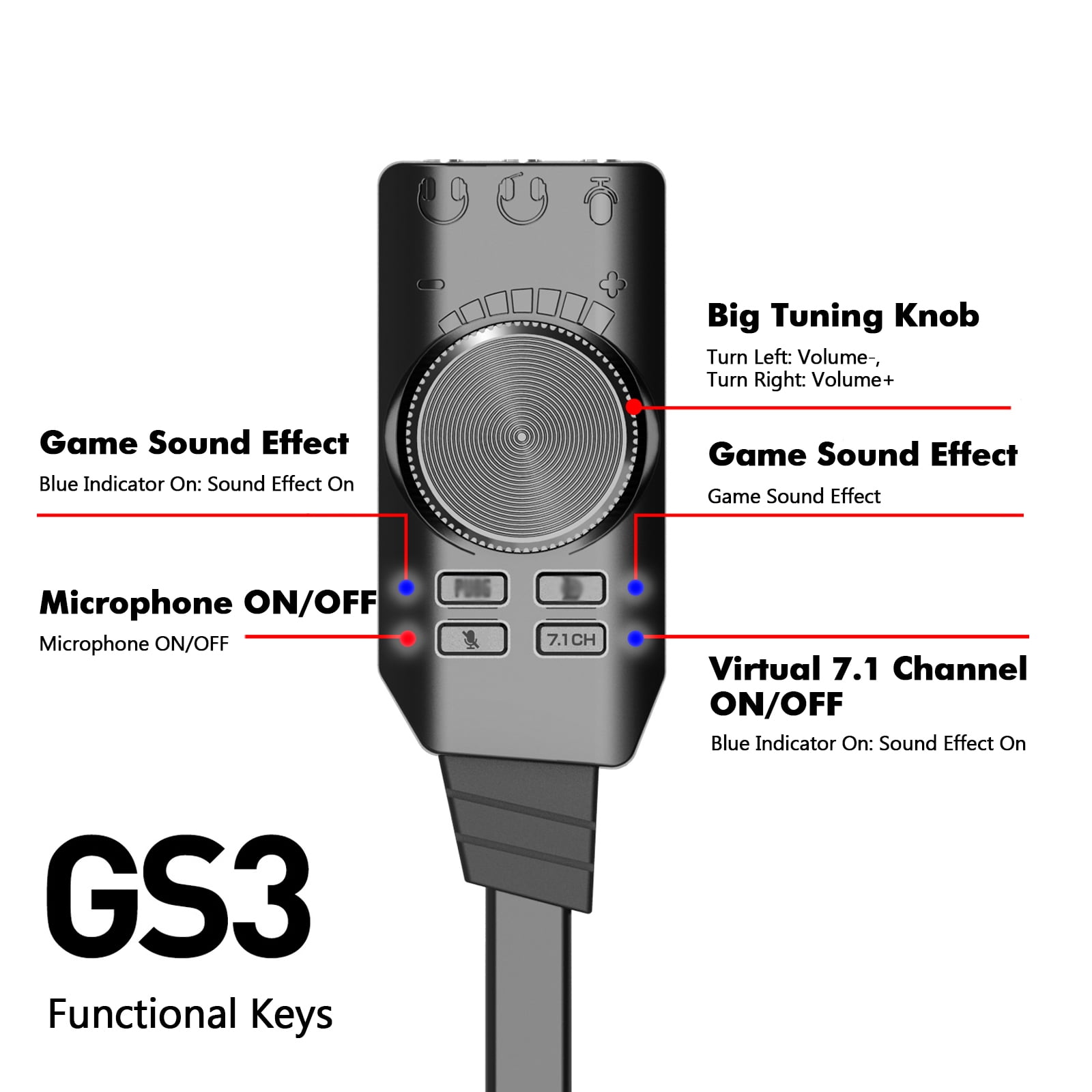 GS3 USB 2.0 External Sound Card Virtual 7.1 Channel Sound Card Adapter Plug and Play with Headphone Microphone Jacks Volume Control Mute Mic Games Sound Effect Upgrade Version for Desktop Laptop PC