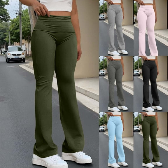ZyeKqe Flare Leggings for Women Belly Control High-Waisted Fold over Yoga Pants Stretchy Bootcut Bell-Bottom Slim Fitted Trousers