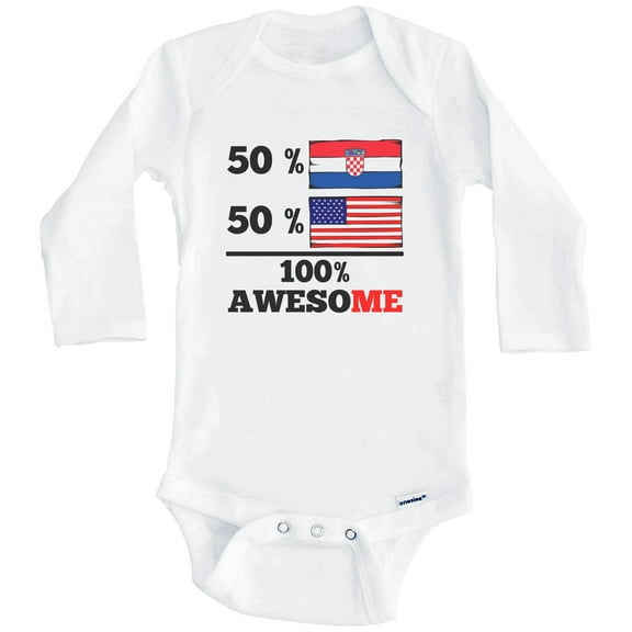 50% Croatian 50% American 100% Awesome Funny Croatia Flag One Piece Baby Bodysuit (Long Sleeve), 0-3 Months White