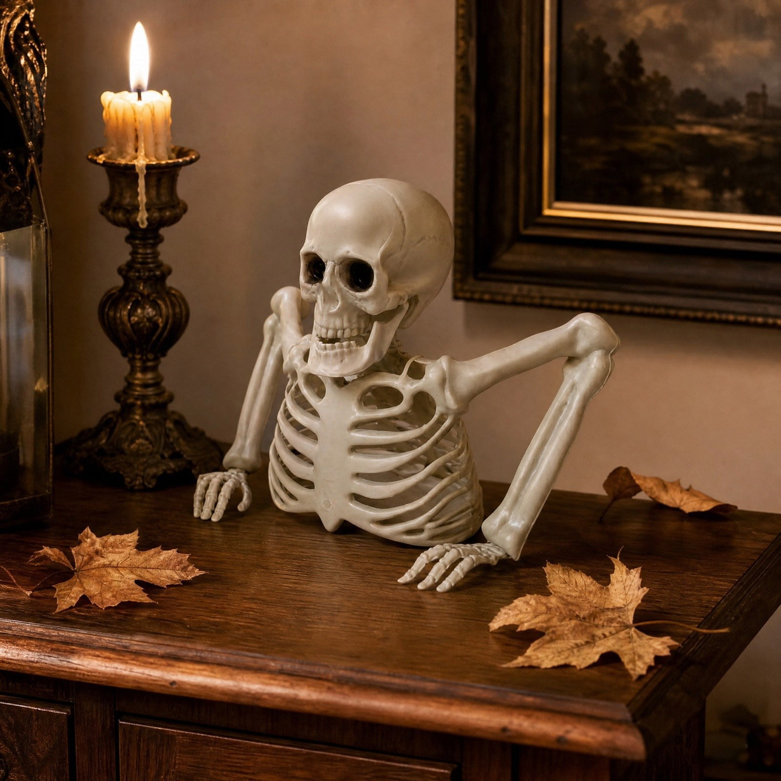 Halloween Half Skeleton Decoration Plastic Skeleton Prop for Creepy Tabletop Displays Skeleton Figure Ornament for Party Mantel Desk Shelf Decor